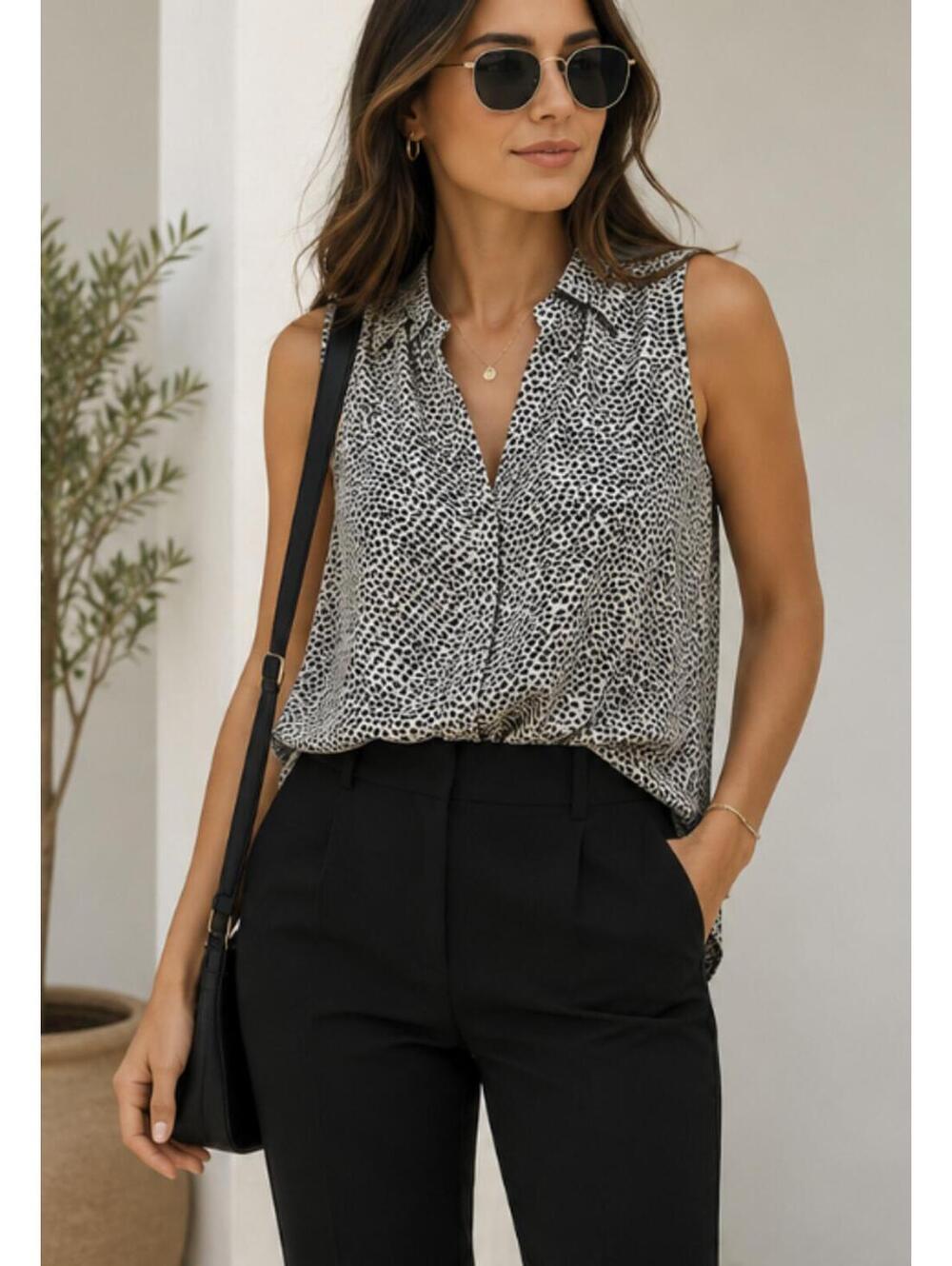 H&M Sleeveless Animal Print Blouse Split Neck Top